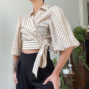 Topshop Beige and White Striped Wrap Top
